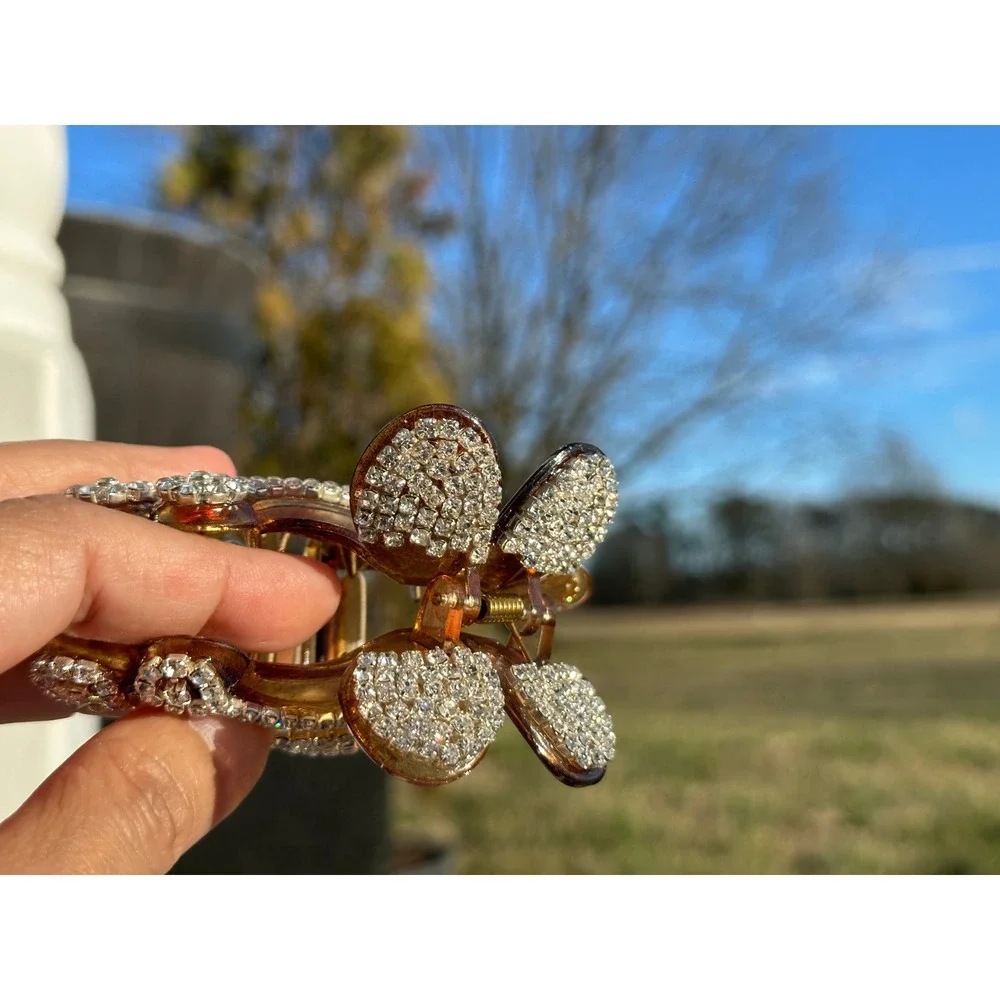 Sparkling Rhinestone Flower Claw Clip‎ Amber Brown Acetate Hair Accessory Women